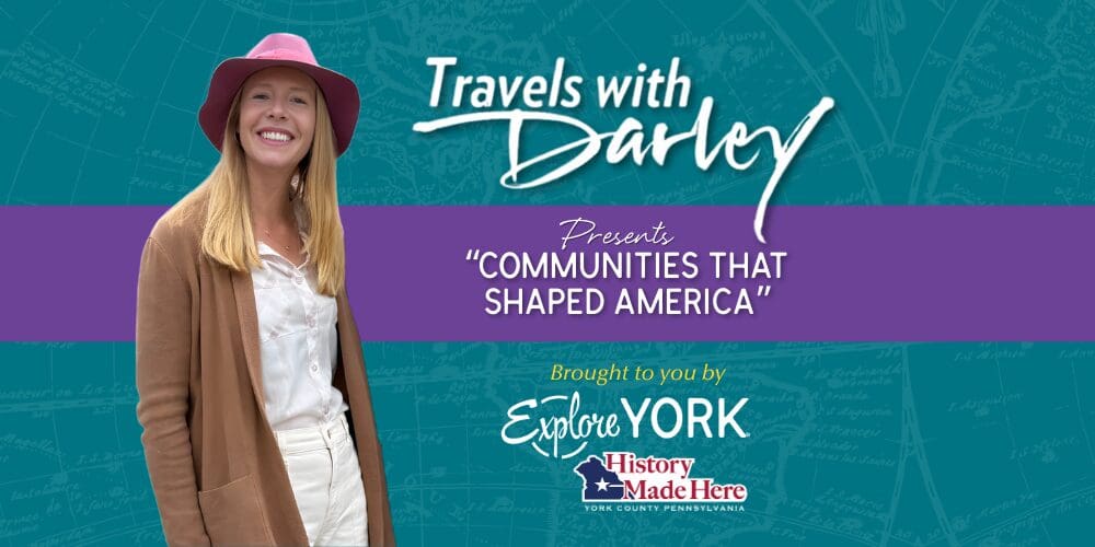 title graphic featuring the filmmaker on the left wearing a brown sweater and pink floppy hat with the title on the right all on teal and purple background