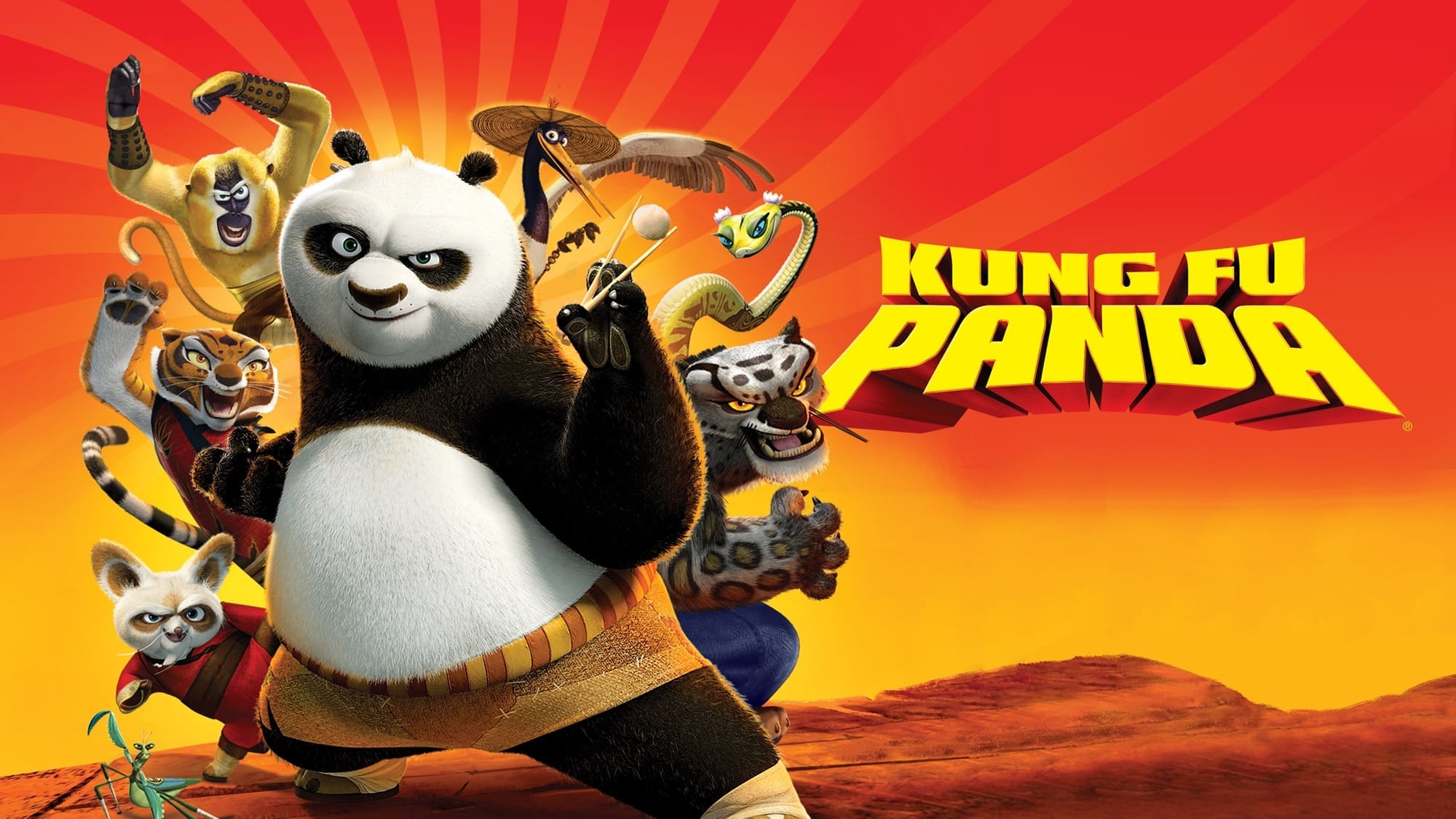 Title poster for the movie Kung Fu Panda featuring Po the Panda with the cast of characters surrounding him in Kung Fu poses