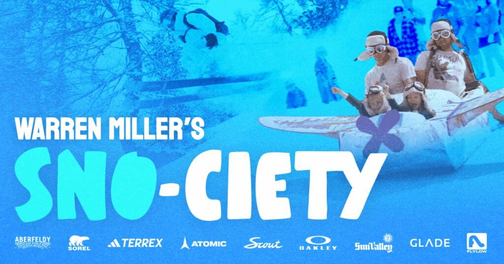 movie poster image for Warren Miller's Sno-ciety, featuing a family sledding down a hill with a bright blue color scheme