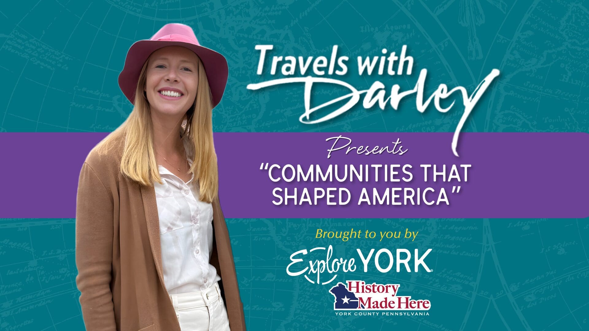 title graphic featuring the filmmaker on the left wearing a brown sweater and pink floppy hat with the title on the right all on teal and purple background