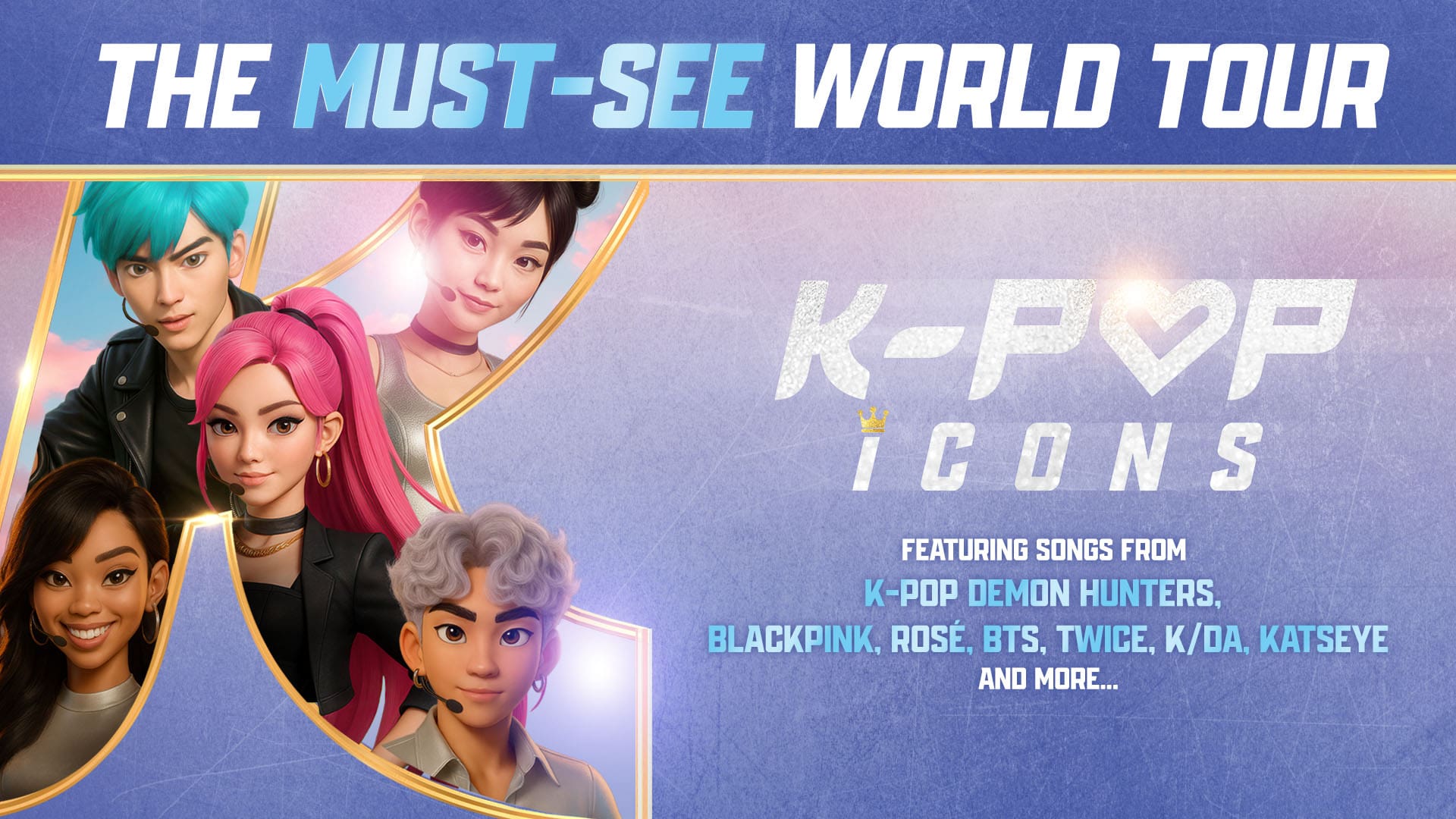 animated art for the virtual band K-Pop Icons with avitars on the left and title in white on the right