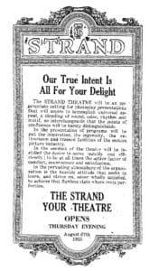 Newspaper ad for the 1925 Strand Theatre opening
