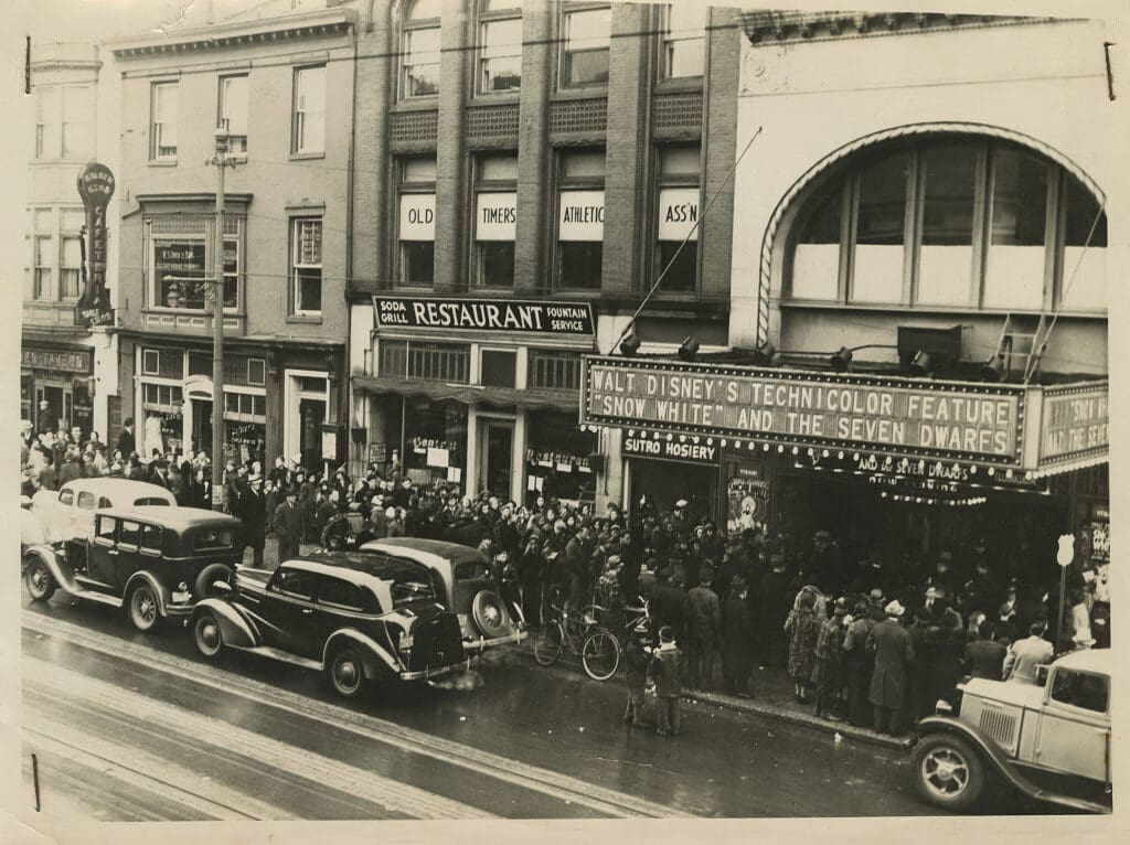 Strand Theatre exterior in 1937 before a screening of Snow White and the Seven Dwarves