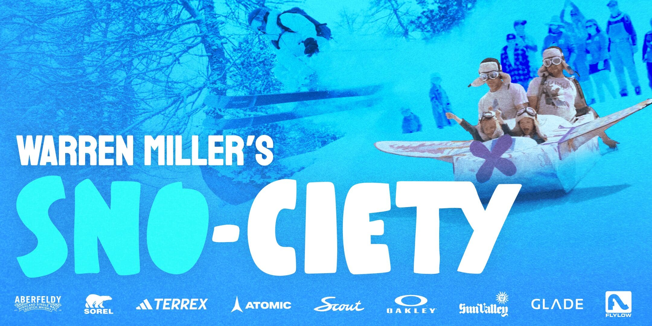 movie poster image for Warren Miller's Sno-ciety, featuing a family sledding down a hill with a bright blue color scheme