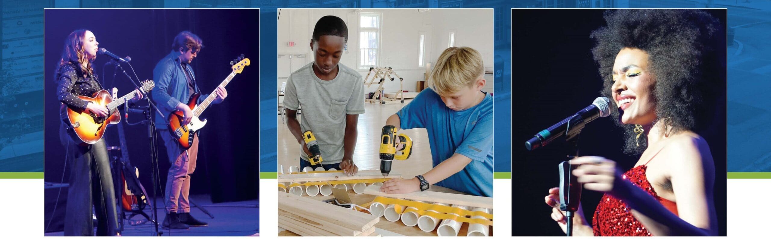 Cover graphic from the 2023-2024 annual report with images of students on stage, children at a building workshop and a female vocalist