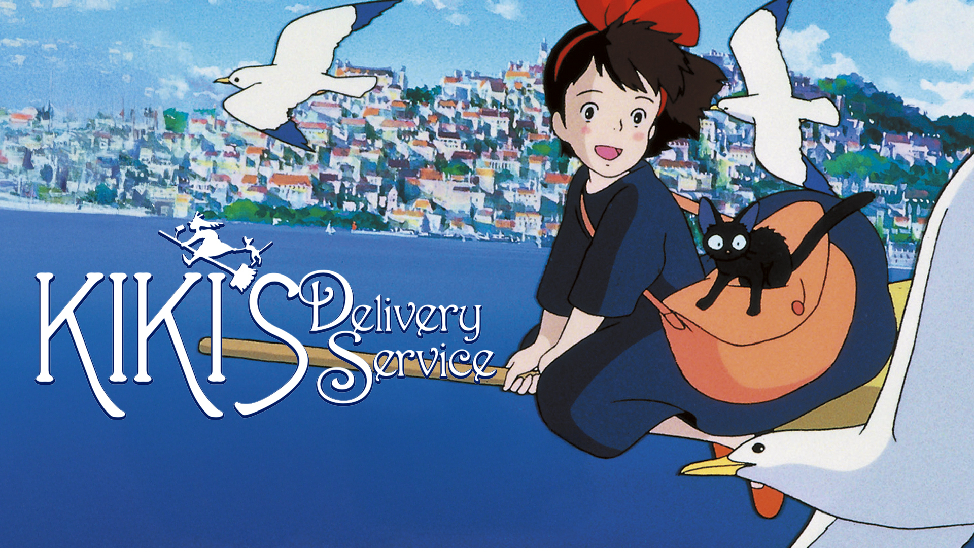 Movie Title Image for Kiki's Delivery Service, featuring Kiki smiling while flying on her broomstick above the ocean with her black cat Jiji. They are looking at seagulls flying beside them.