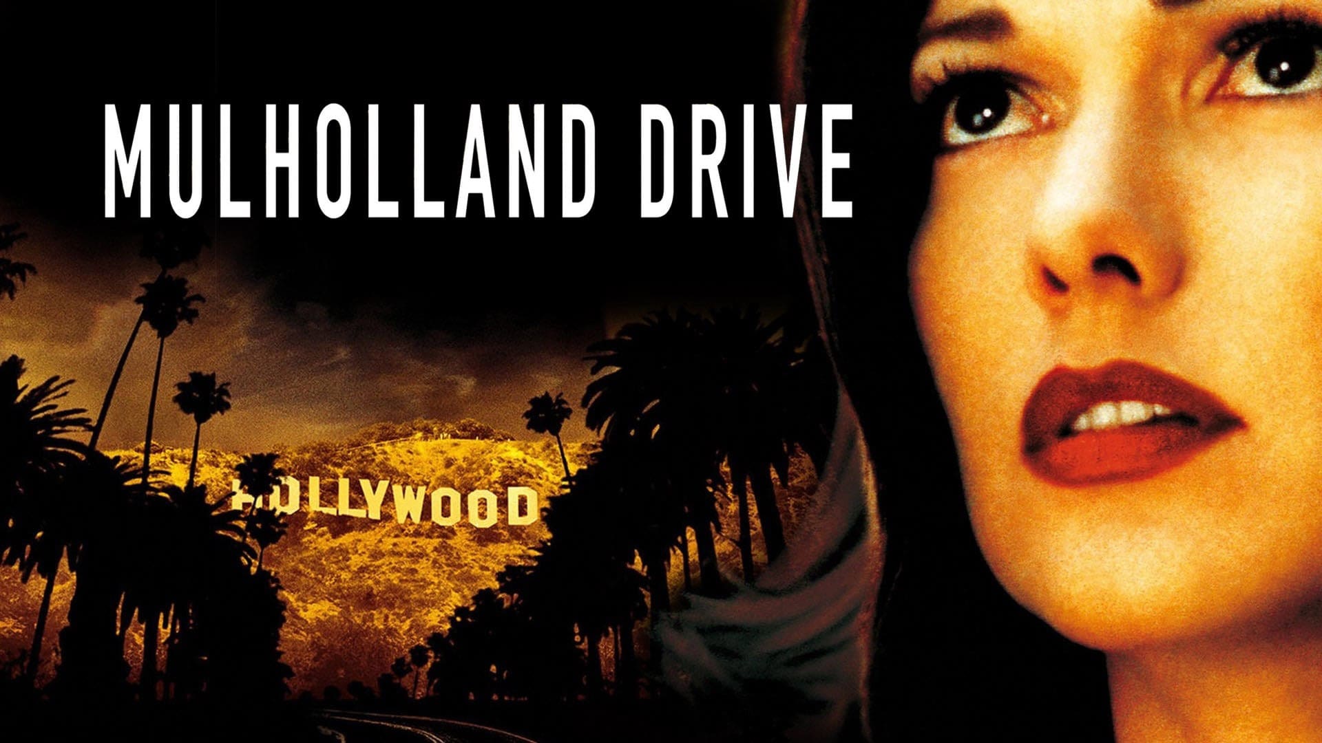 Movie poster for Mulholland Drive featuring hills with the Hollywood sign in the background and a woman's face in the right foreground