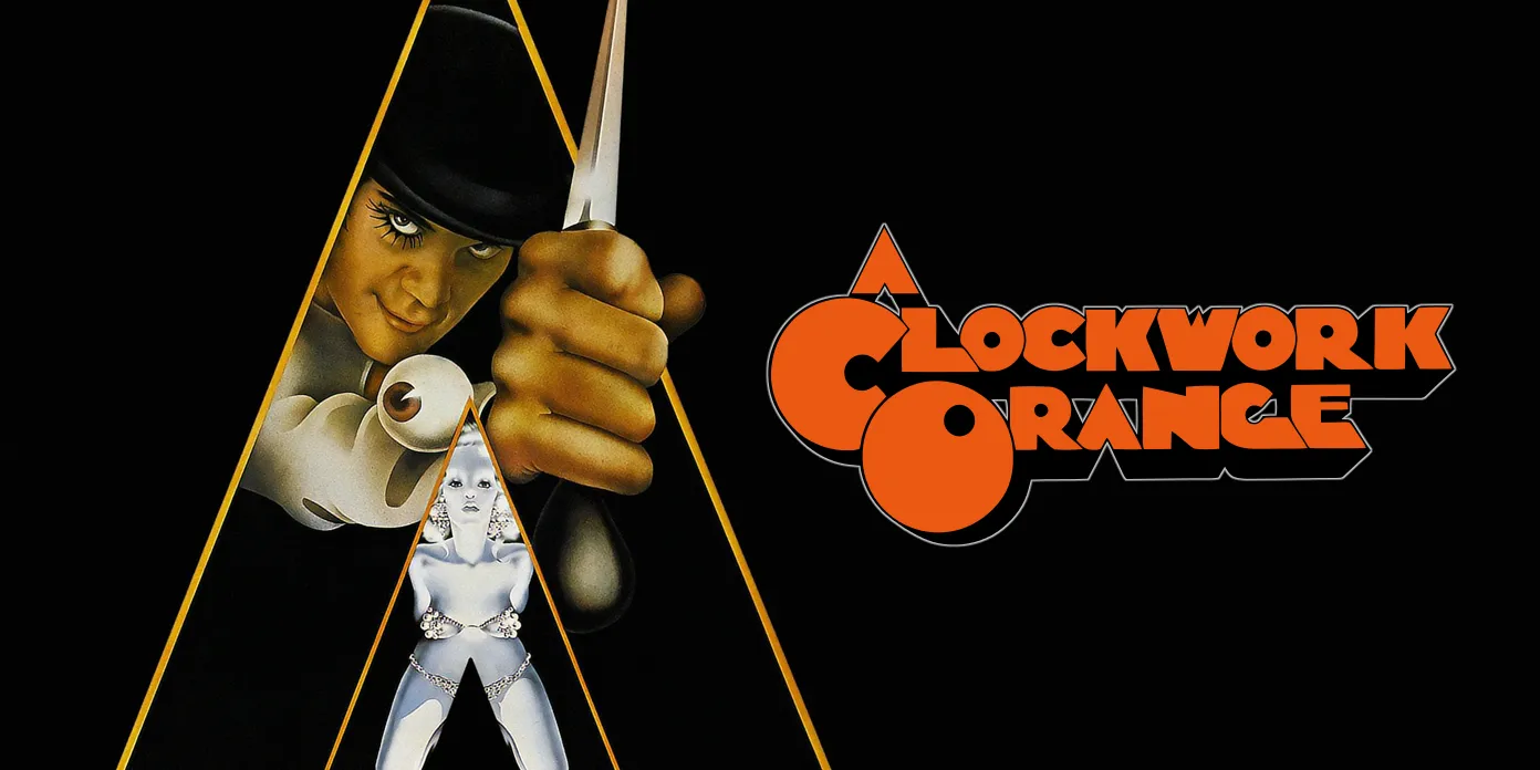 Movie poster for A Clockwork Orange featuring the character Alex peeking through a triangle and holding a knife. He is wearing a black hat and his left eye has large, black eyelashes. There is an eyeball floating on his wrist.