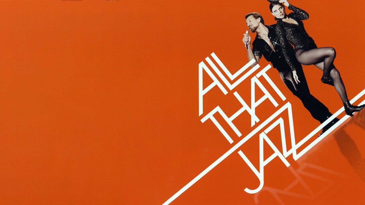Orange background with two people standing next to an All That Jazz title