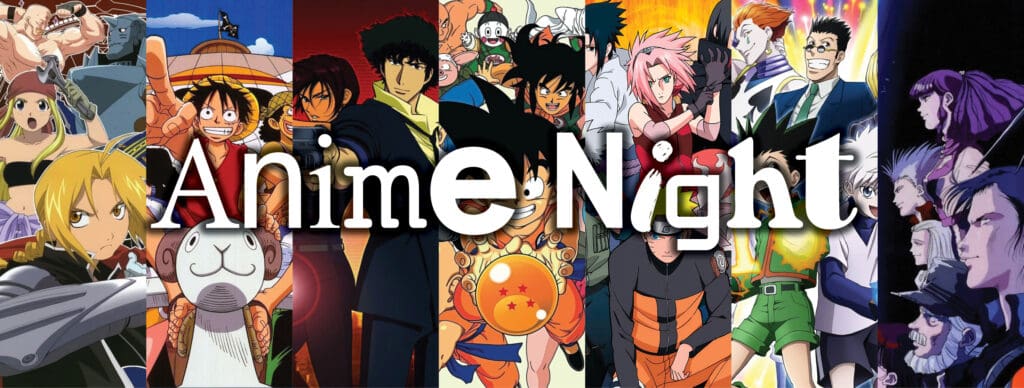 Collage of anime film images with series title, Anime Night