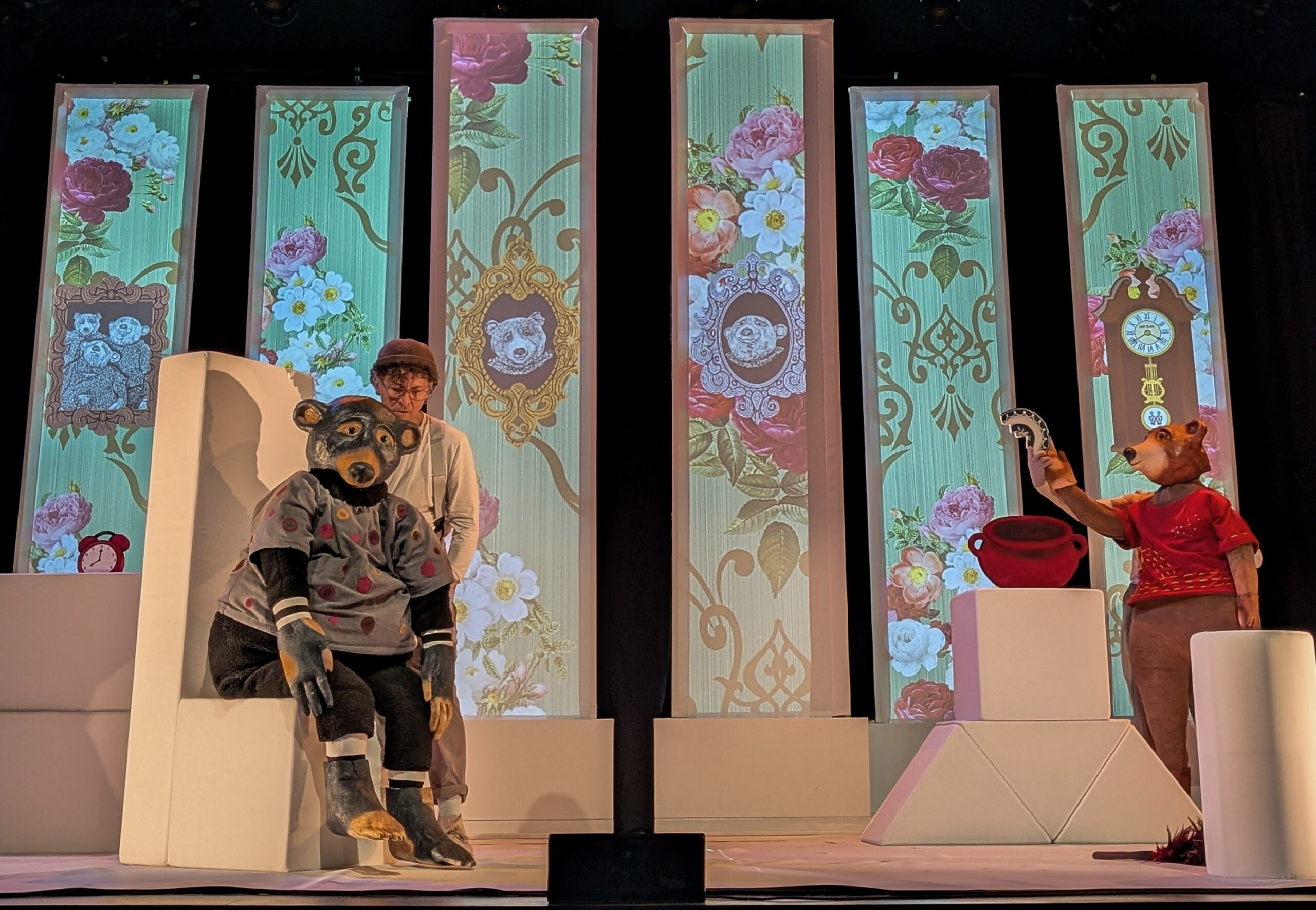 Mermaid Theatre with 2 of the 3 bears on stage in Billy Goats Gruff and Other Stories