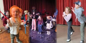 collage of education photos including a toddler at Tot Rock with a scarf on their head, high schoolers performing on stage and middle schoolers in improv class