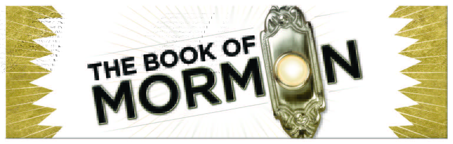 Title doorbell logo for The Book of Mormon with gold burst on the right and left sides