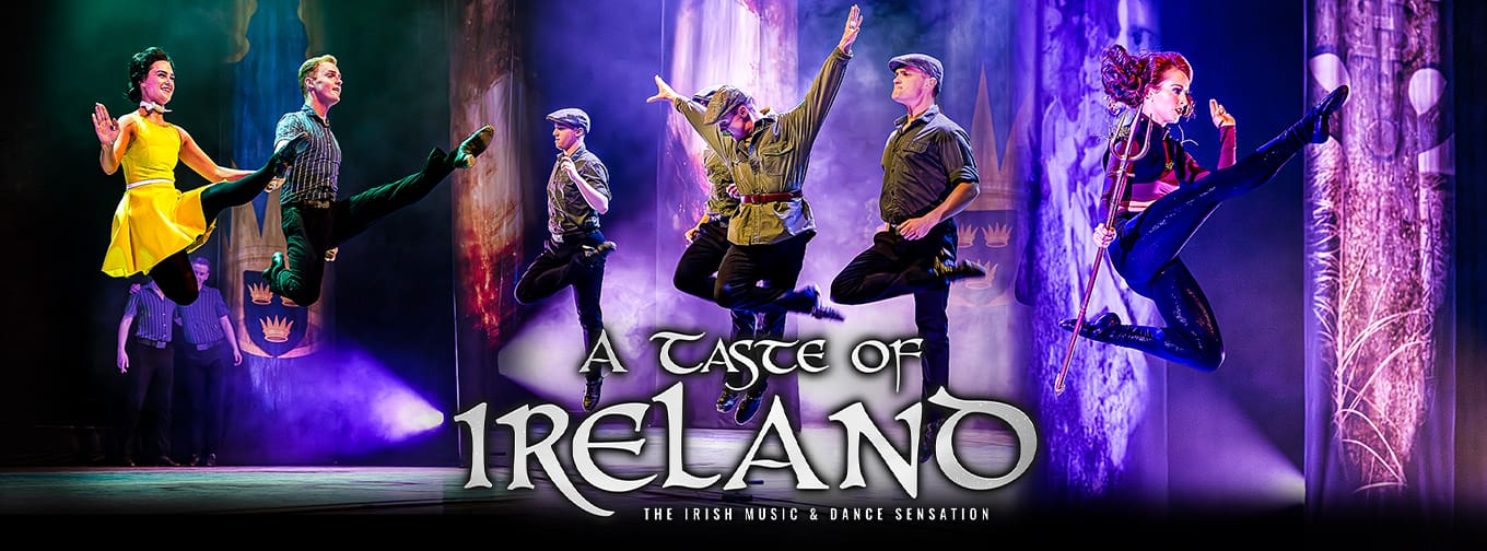 collage of irish step dancers with purple stage lights and title in white celtic font