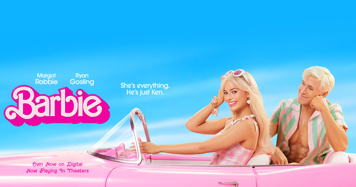 Barbie movie title image with Barbie and Ken in a car