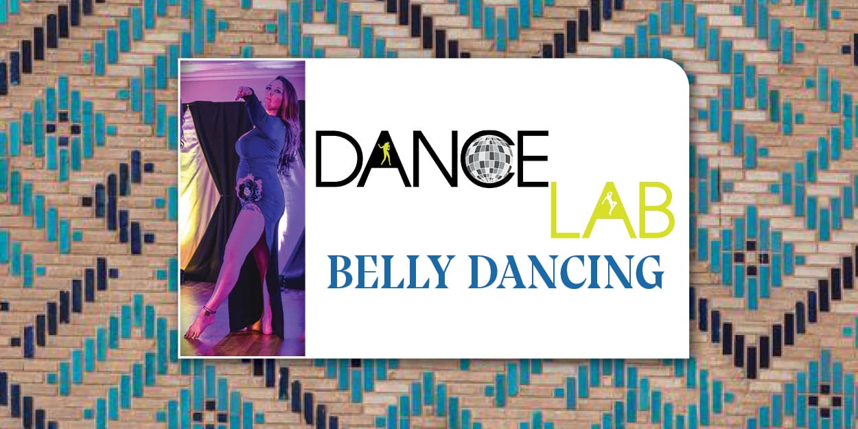 dancer next to DANCE LAB Belly Dancing title against colorful background