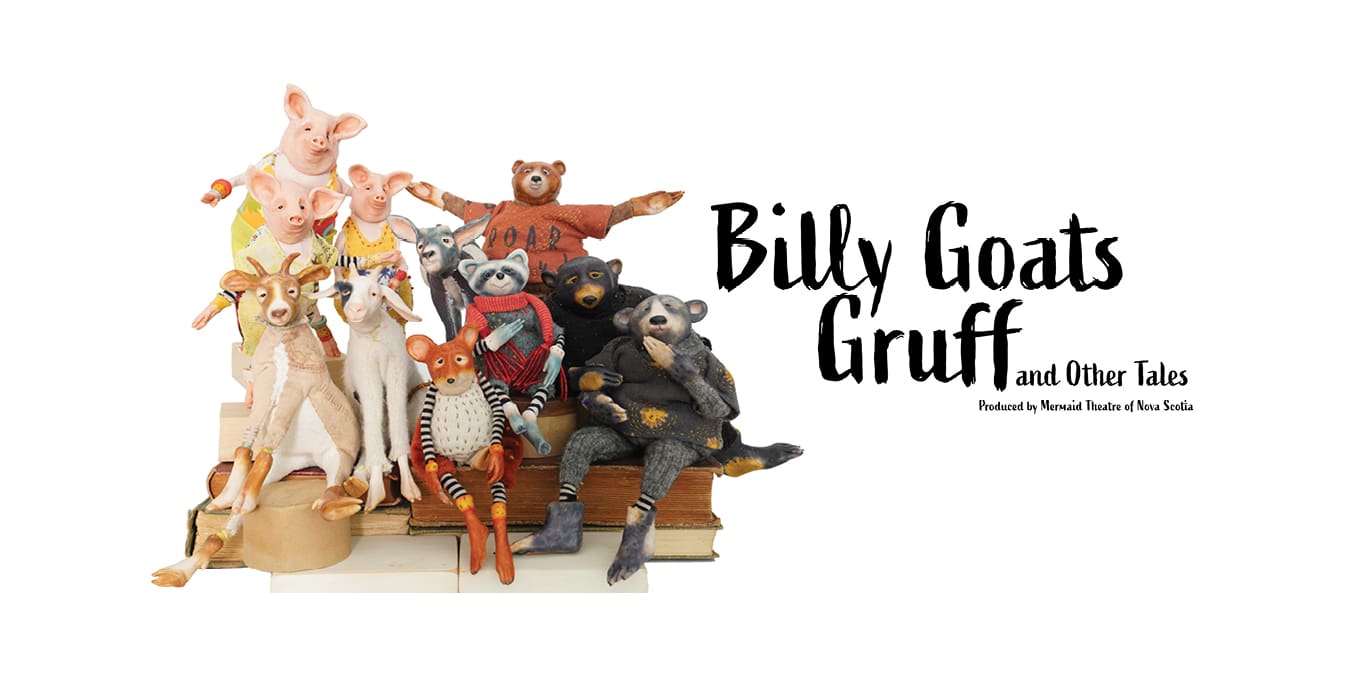 puppets from Billy Goats Gruff, Three Bears and Three Little Pigs against a white background with the show title in black on the right