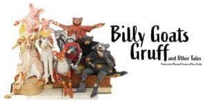 puppets from Billy Goats Gruff, Three Bears and Three Little Pigs against a white background with the show title in black on the right