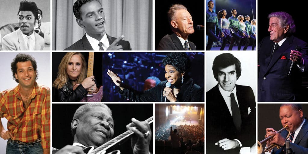 collage of STrand Theatre artists over the years - (left to right, top to bottom) Little Richard, Johnny Mthis, Lyle Lovett, Riverdance, Tony Bennett, Howie Mandel, Melissa Etheridge, Gladys Knight, David Copperfield, BB KIng, Wynton Marsalis