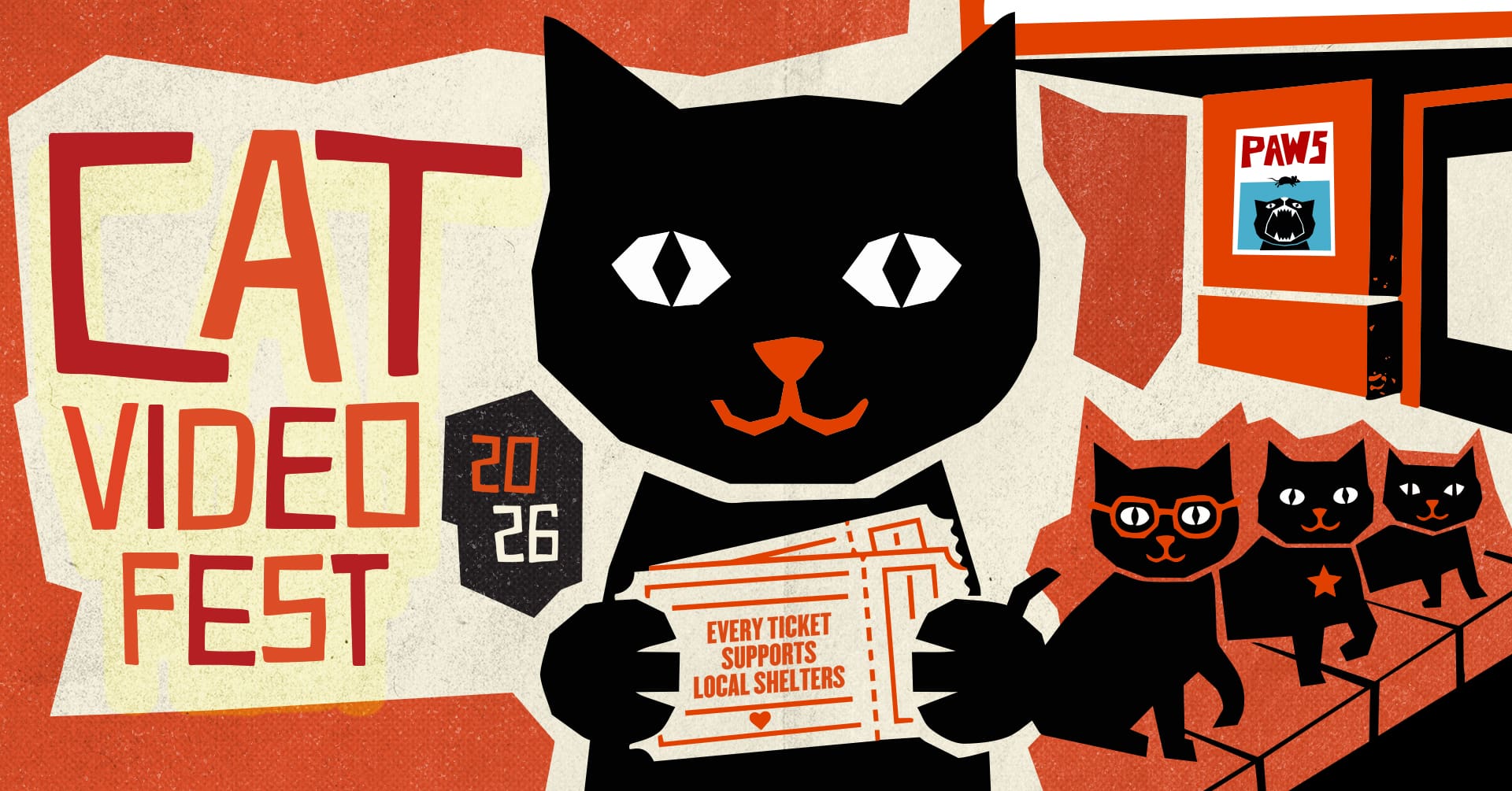 animated title art for Cat Video Fest with black cat holding movie tickets with the title on the left side against an orange background