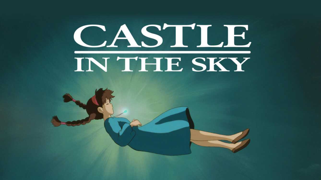 Movie Title Image for Castle in the Sky, featuring the character Sheeta floating in mid-air with her eyes shut and the crystal necklace around her beck glowing bright teal.