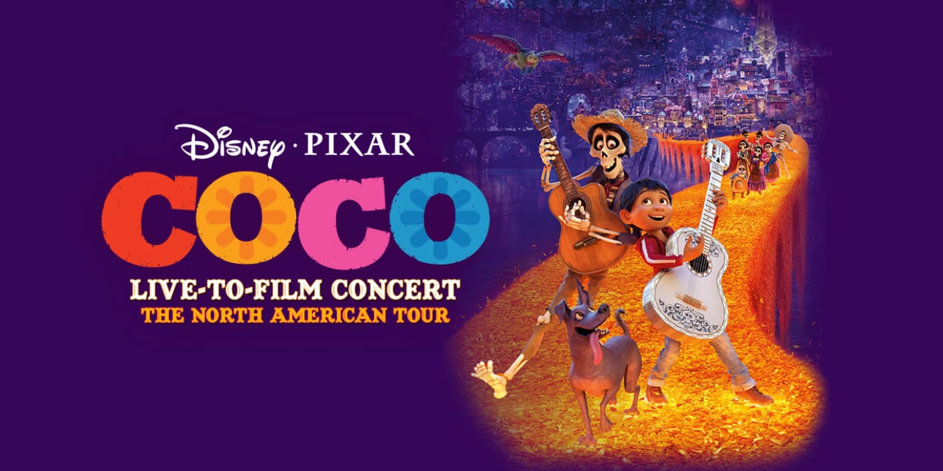 movie art for COCO against purple background with title on the left