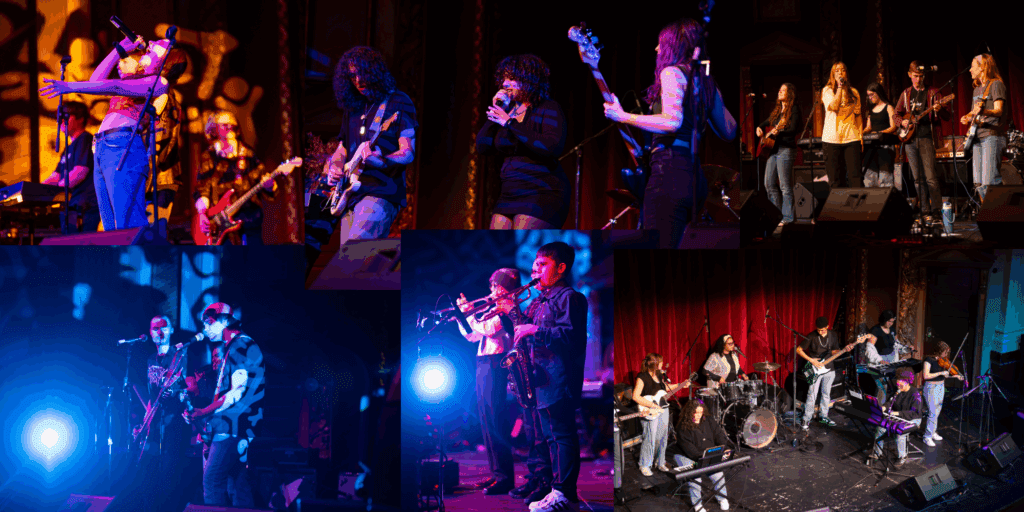 A collage of student bands performing on stage.