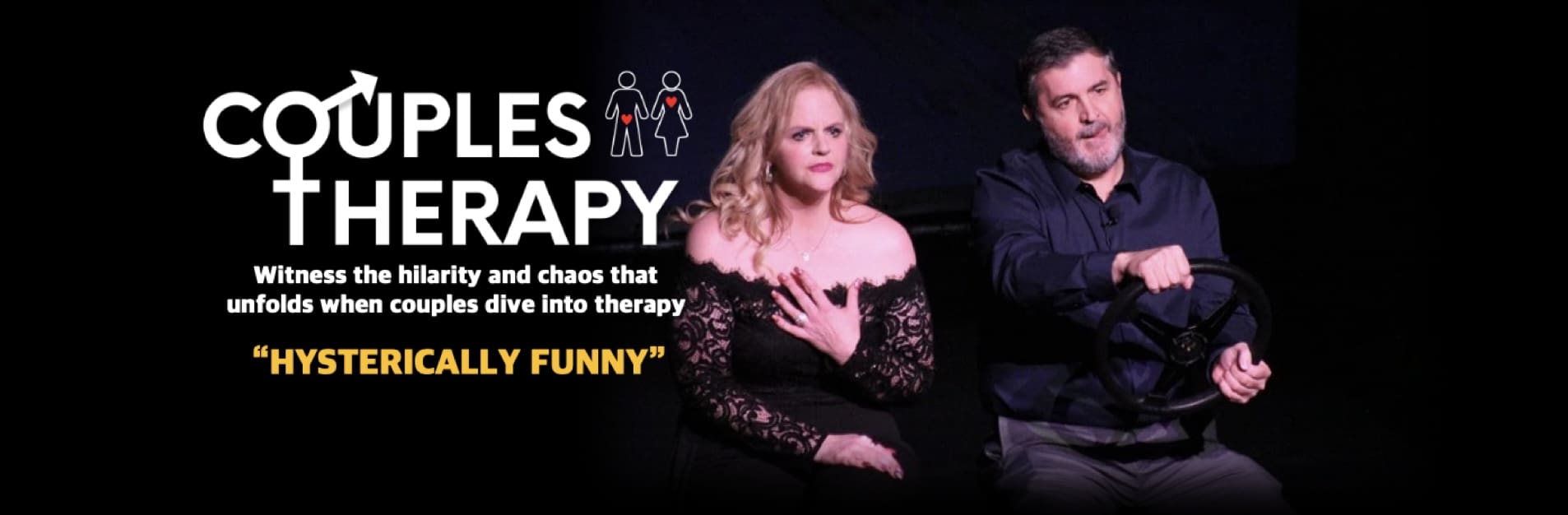 Couples Therapy title art with man and woman on stage against a black background