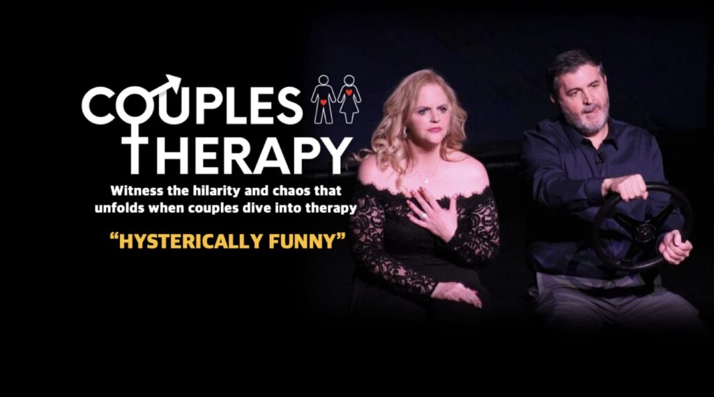 Couples Therapy title art with man and woman on stage against a black background