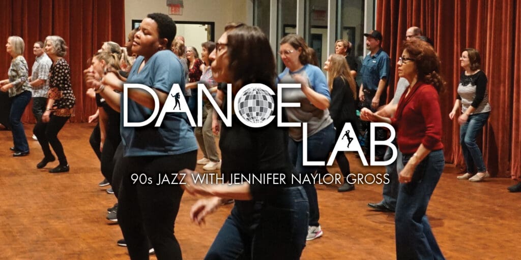 adults participating in a dance class with DANCE LAB logo and title