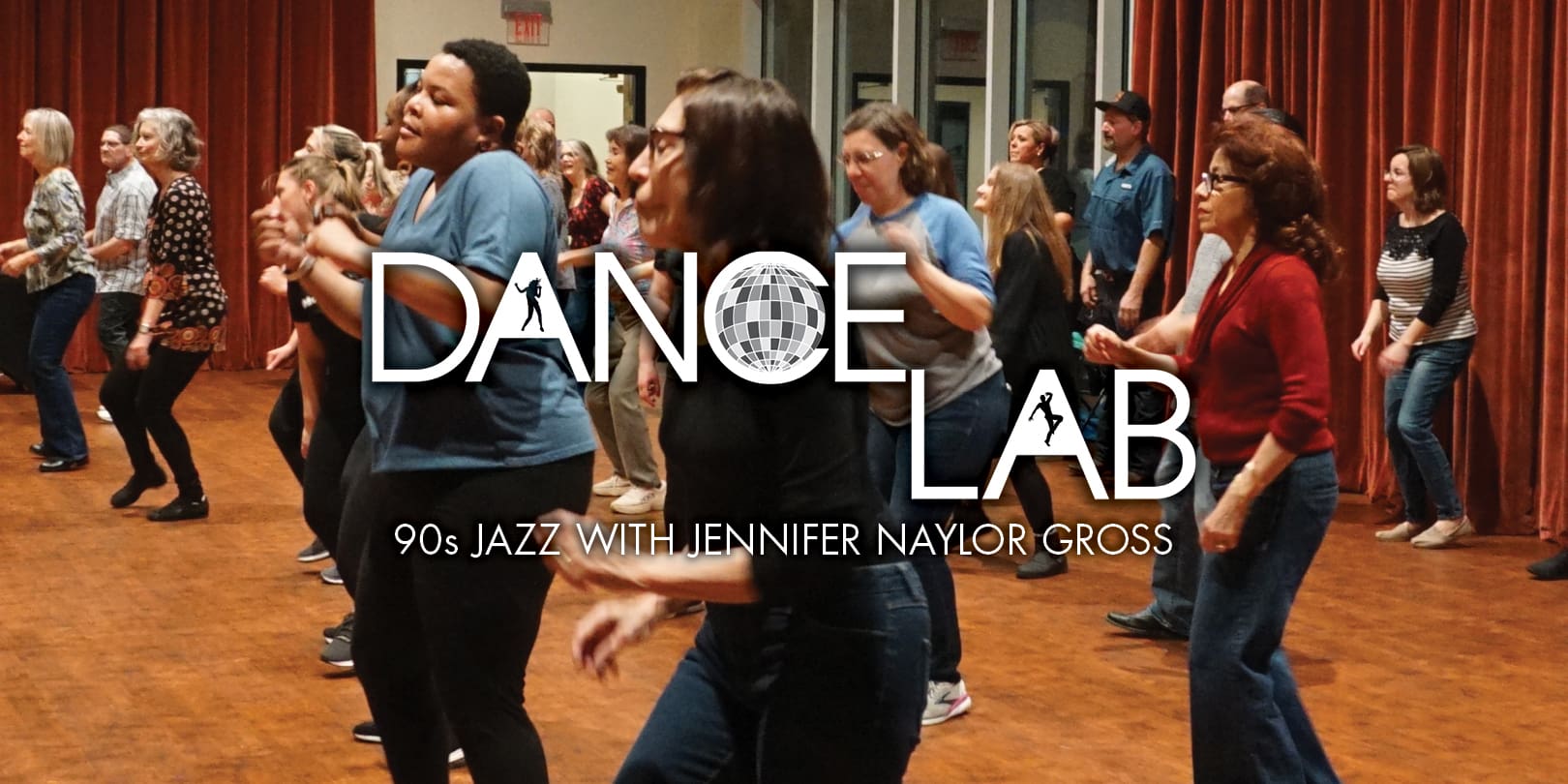 adults participating in a dance class with DANCE LAB logo and title