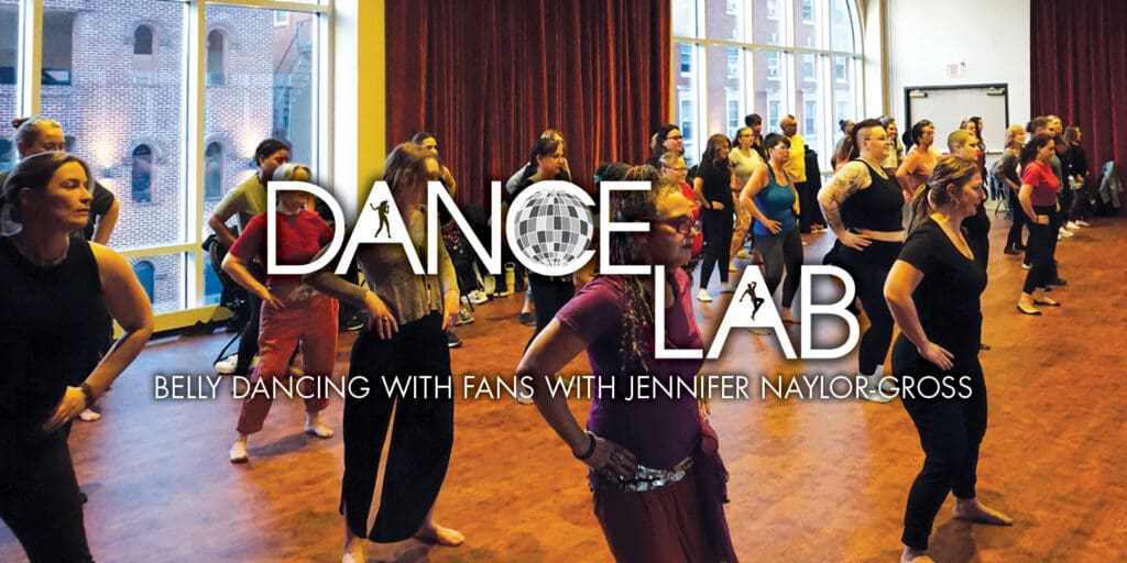 adults participating ina belly dance class with DANCE LAB logo and title