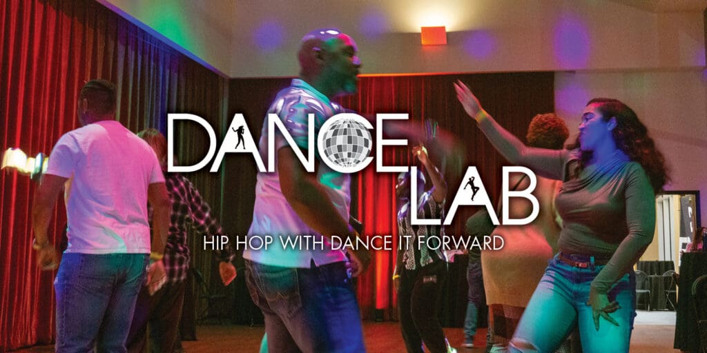 adults participating in a Hip Hop dance class with DANCE LAB logo and title