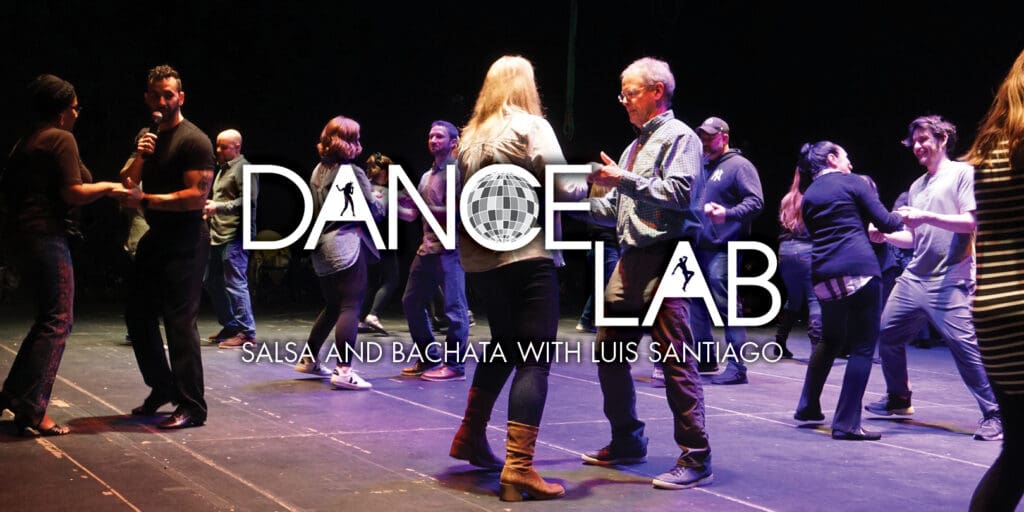 adults participating in a salsa dance class with DANCE LAB logo and title