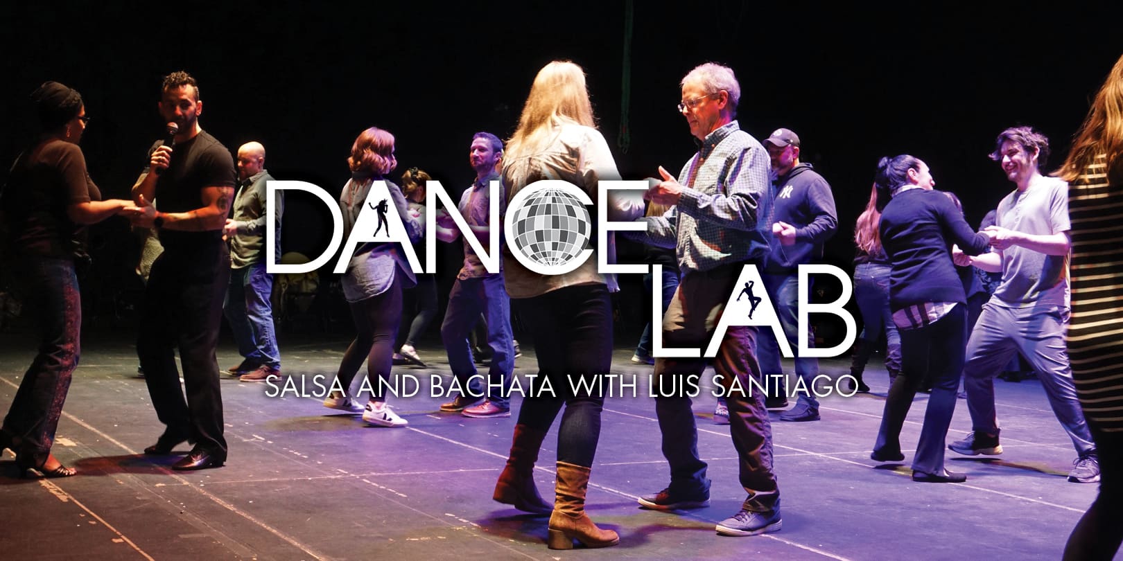 adults participating in a salsa dance class with DANCE LAB logo and title