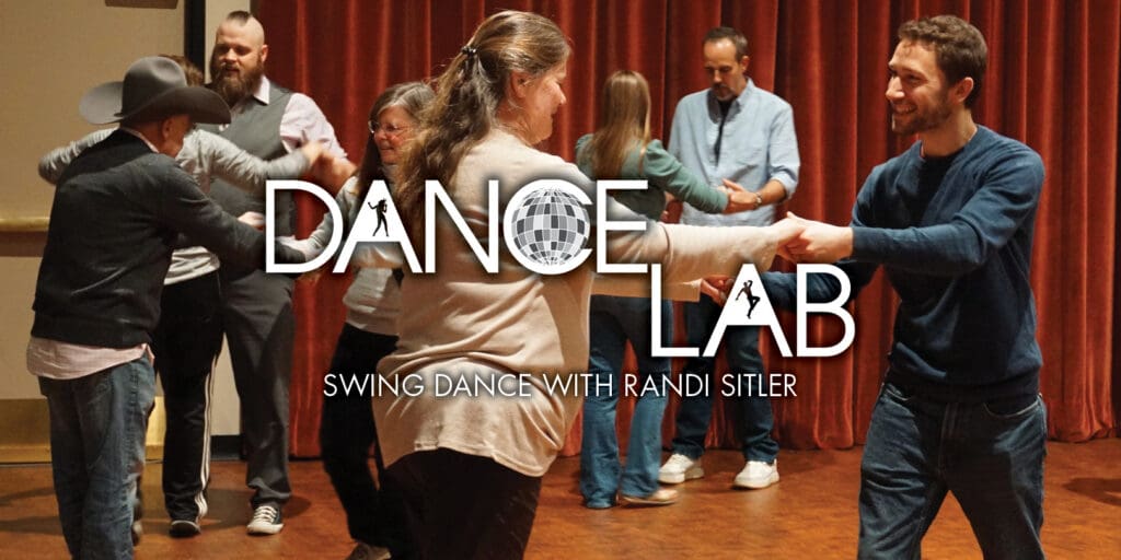 adults participating in a swing dance class with DANCE LAB logo and title
