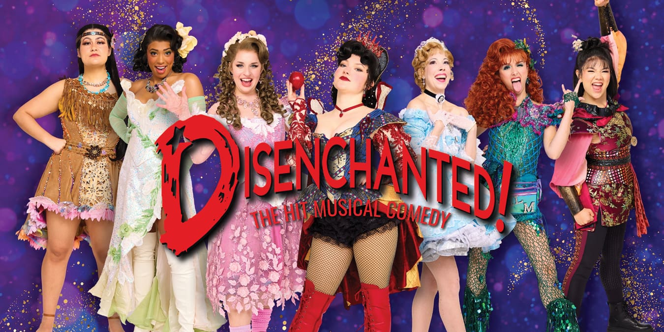 cast of Disenchanted princesses side by side with red title logo in the center