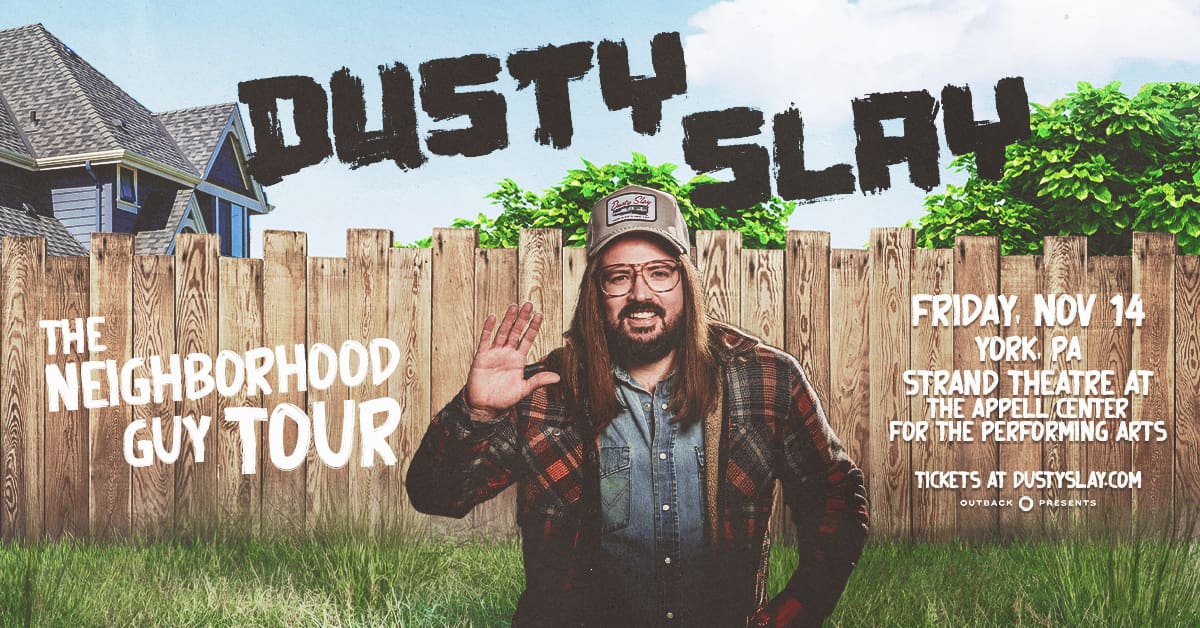 Dusty Slay tour image waving in front of a picket fence