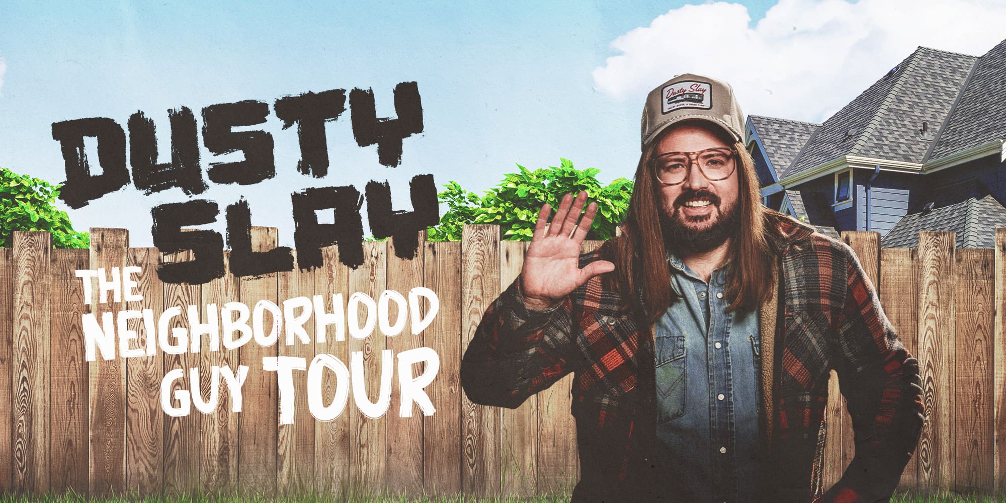 Dusty Slay tour image waving in front of a picket fence