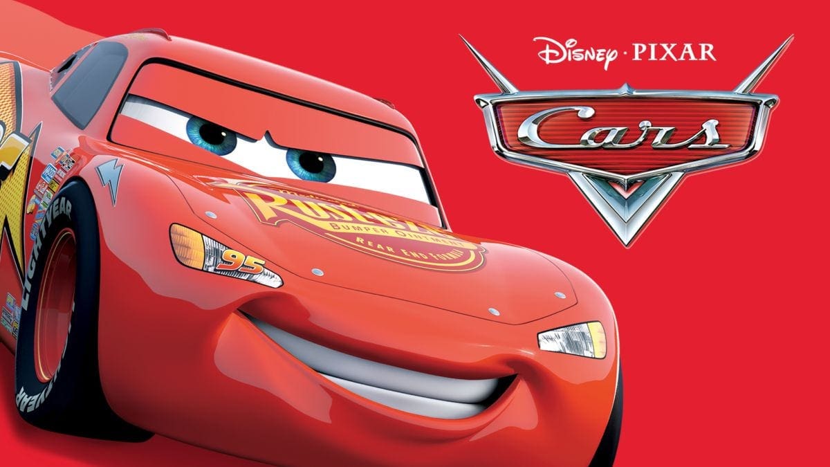 title image for Disney Pixar CARS with red sportscar Lightning McQueen against red background and title logo on right