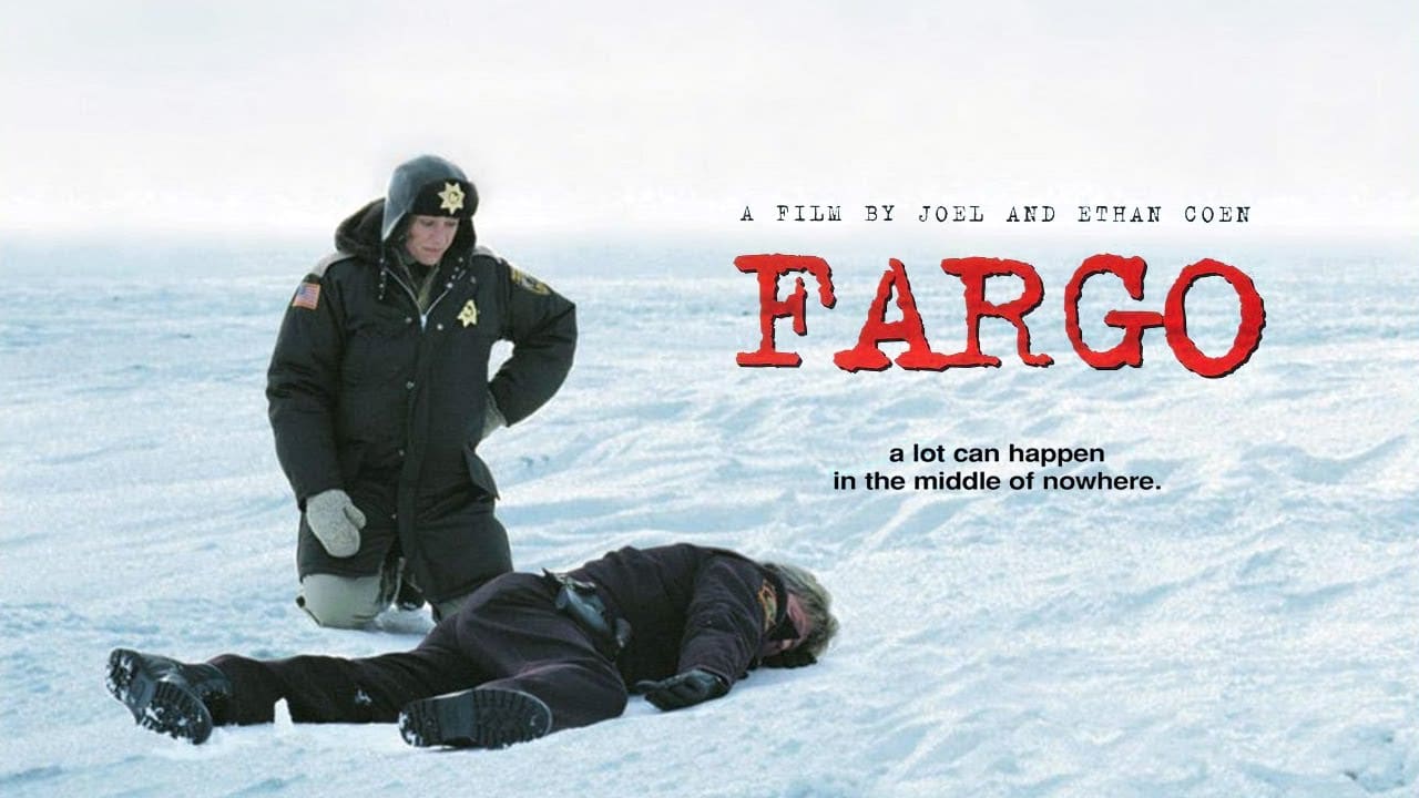 mivie title poster for FARGO with female police officer kneeling in the snow over a dead cop and the title logo on the right