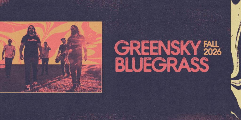 graphic title for GREENSKY BLUEGRASS with bkack and orange colored band photo with rush colored band name on the right against black background