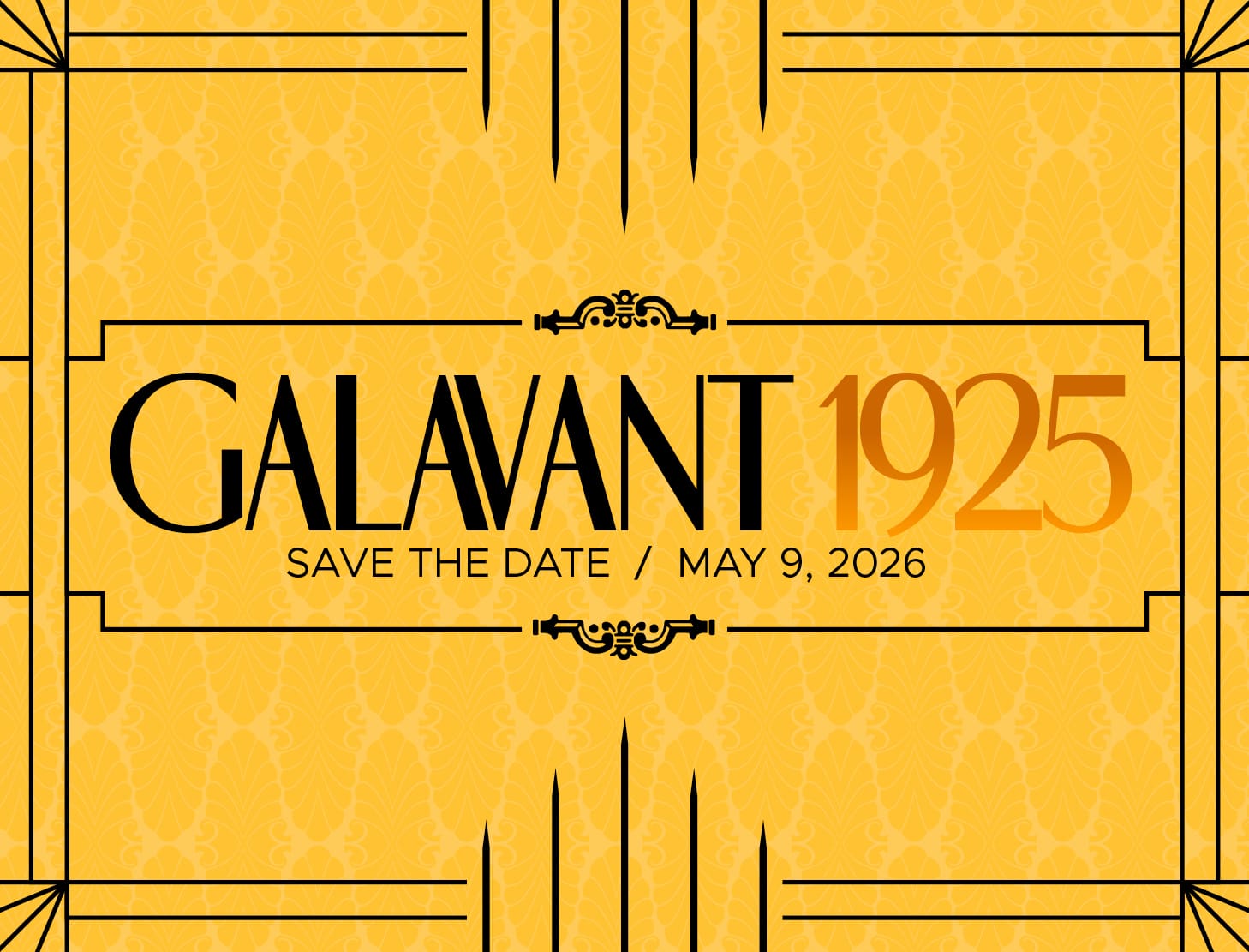 graphic ad for upcoming GALAVANT 1925 with retro font and gold art deco background