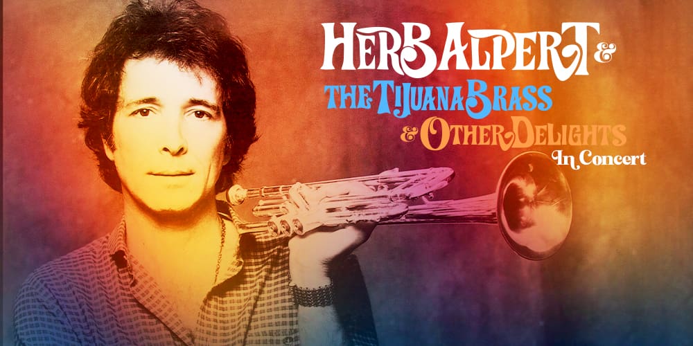 Illustrative image of a young Herb Alpert holding his trumpet aside the tour title and against a warm watercolor background