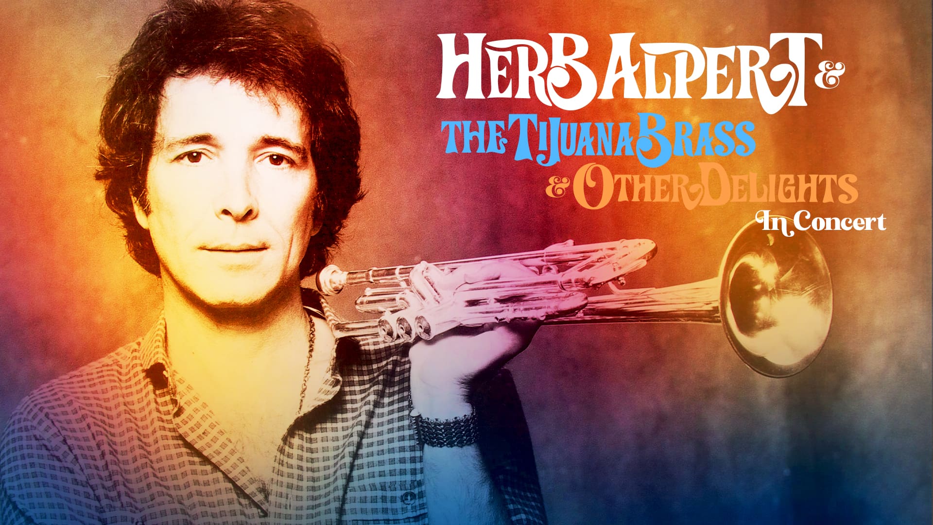 Illustrative image of a young Herb Alpert holding his trumpet aside the tour title and against a warm watercolor background