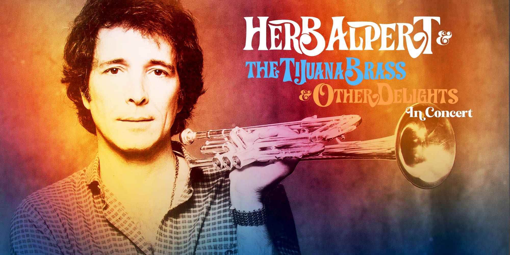 Illustrative image of a young Herb Alpert holding his trumpet aside the tour title and against a warm watercolor background