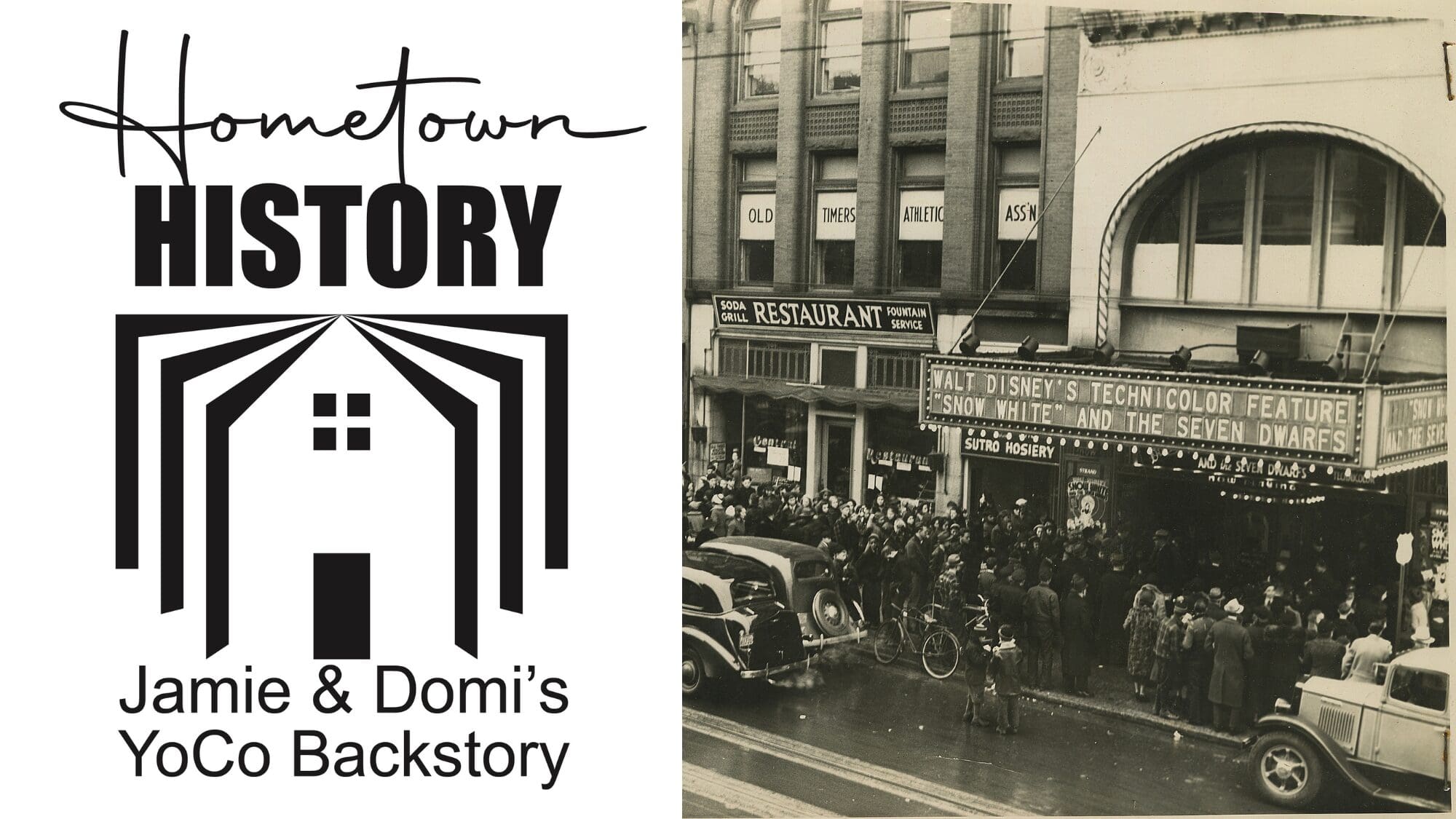 Hometown history logo and photo of the outside of the Strand Theatre in the 1930s
