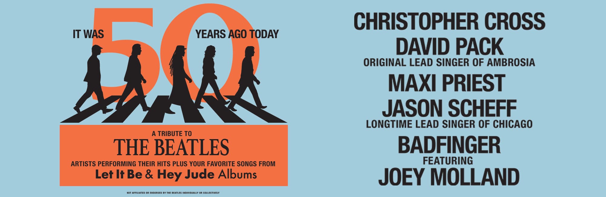 Title art for It Was 50 Years Ago Today: A Tribute tothe Beatles with artist names listed on the right side