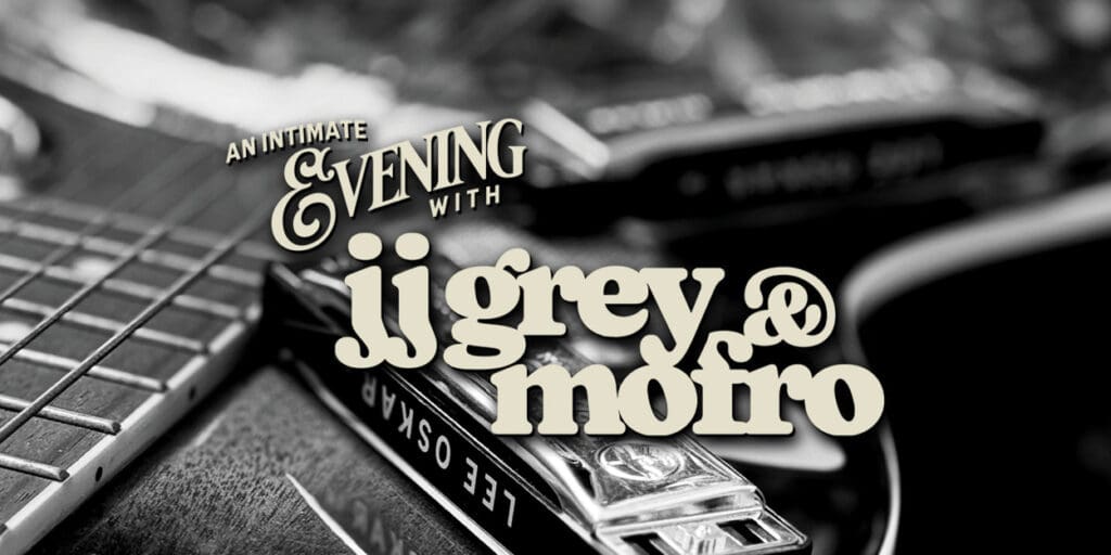 black and tan tour graphic for JJ Grey & Mofro with their names over a guitar