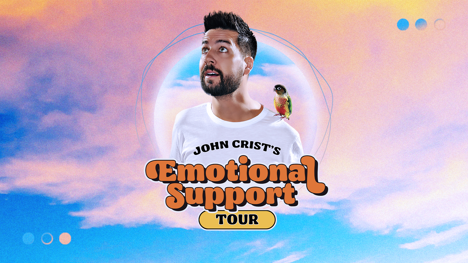 Show image to promote comedian John Crist's Emotional Support Tour at the Appell Center on November 17th, 2023 at 7:30 p.m.